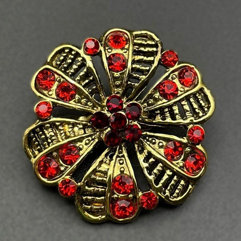 Yellow Gold with Ruby Red and Garnet Red Crystal Round Flower Pin Back Brooch